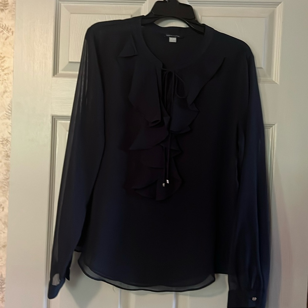Tommy Hilfiger XL Navy Blue Ruffed Shear Long Sleeve Blouse